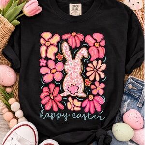 Comfort Colors Black Kids Tee with Pink Bunny and Flowers